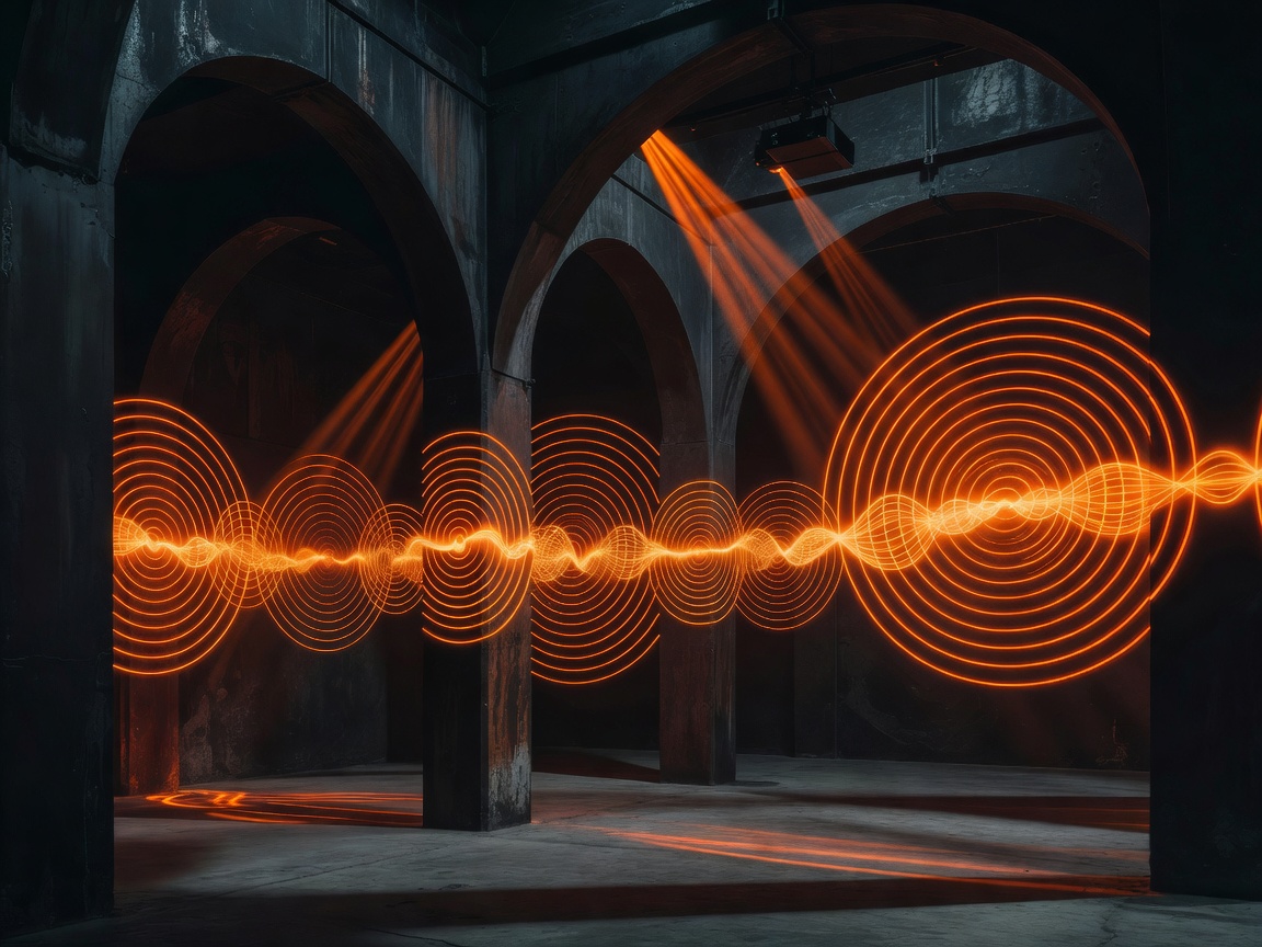 Acoustic art installation featuring high-intensity neon orange concentric soundwave patterns projecting onto dark structural arches
