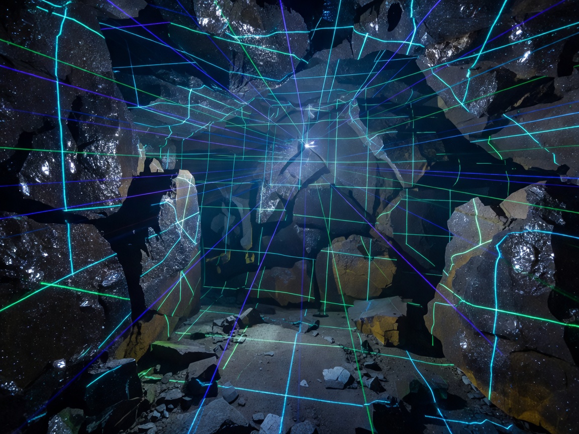 Anisotropic Thresholds - geometric laser grid mapping crystalline basalt geological formations underground