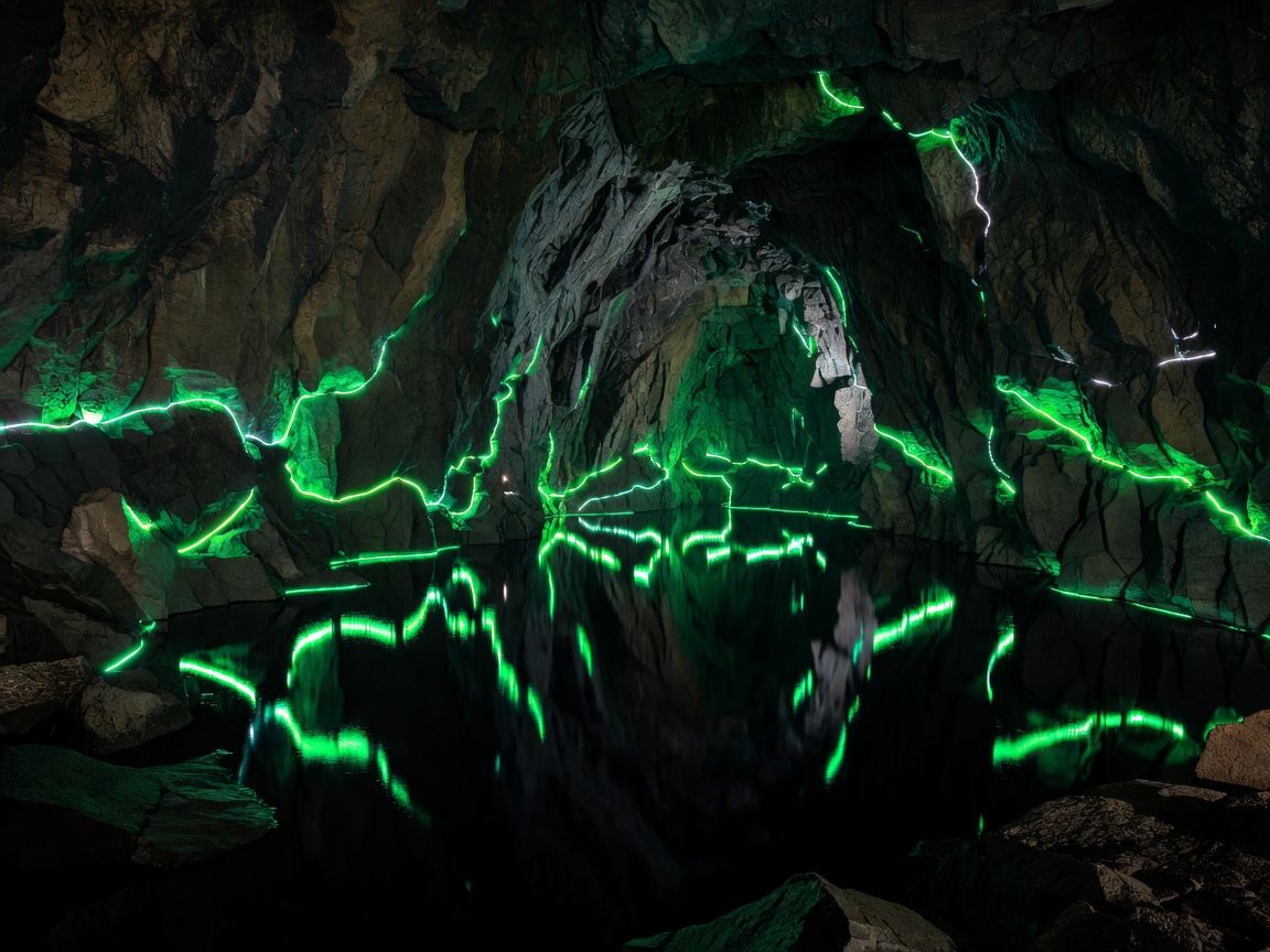 Basalt Reservoir deep cavern displaying natural basalt geology reflections and dynamic green LED patterns