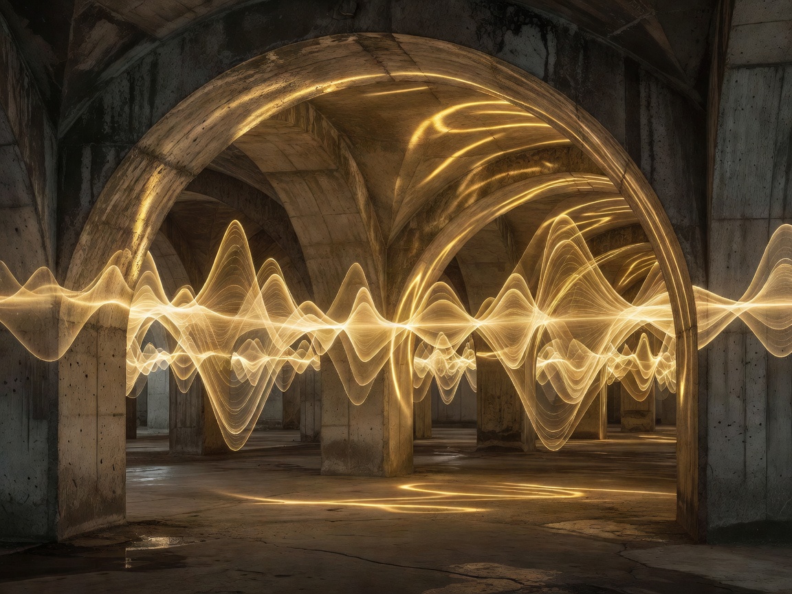 Echoes in Concrete - spatial audio wave projection reflecting warm golden light on underground structural arches