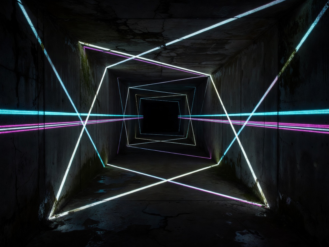 Lumen Corridor - abstract digital light lines slicing through a dark subterranean concrete corridor