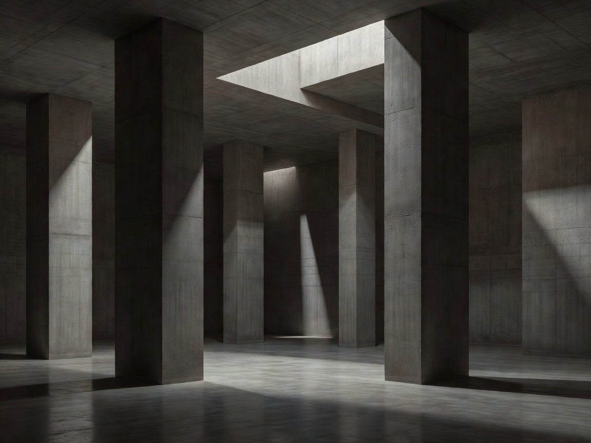 Minimalist subterranean concrete vault displaying vertical structural columns and deep geometric shadow plays inside Gallery Tunnelsy
