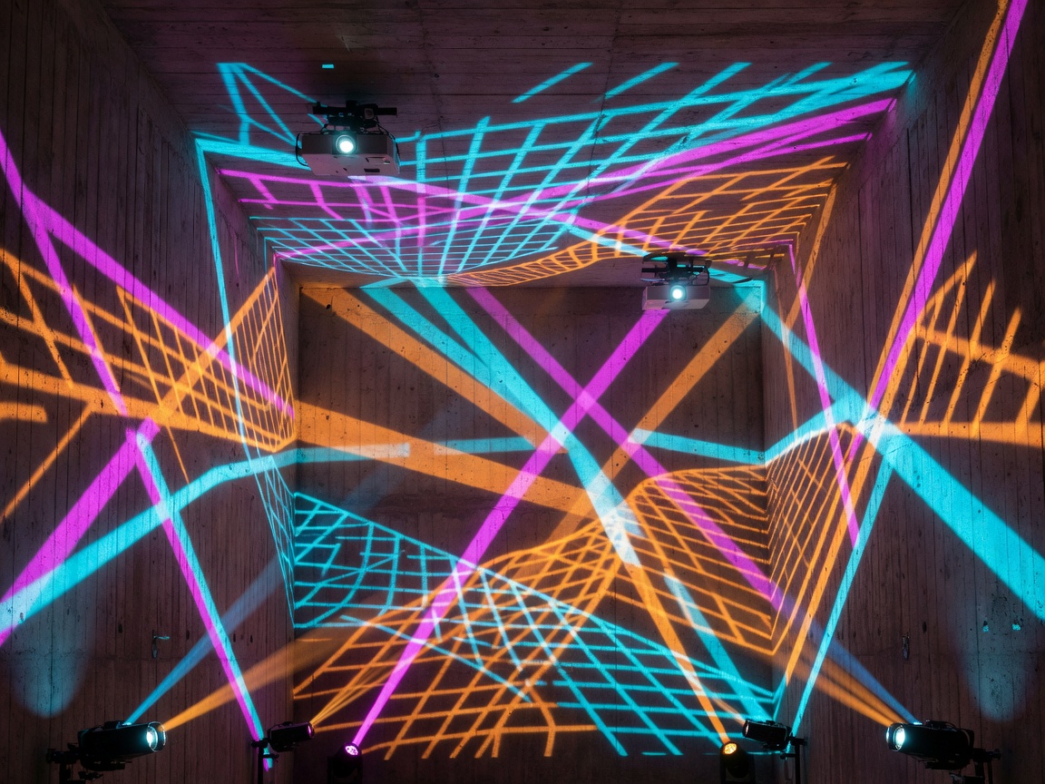 North Vault structure showing projection mapping setups intersecting raw board-formed concrete walls