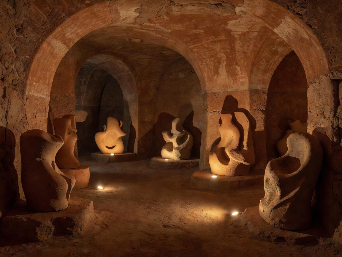 Terracotta Vaults - raw clay sculptures and organic terracotta textures lit by minimalist warm spots